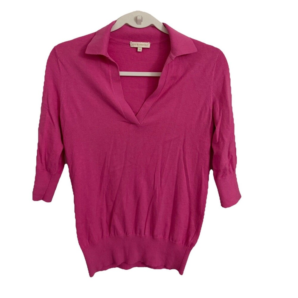 Ann Mashburn Sweater Top XS Pink Cotton Silk‎ Knit V-Neck 3/4 Sleeve Luxury